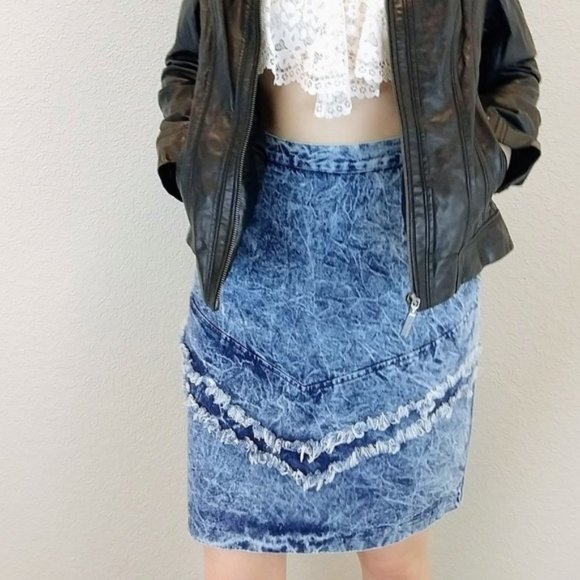 Vintage 80's acid stone wash jean skirt fringe - Picture 4 of 8
